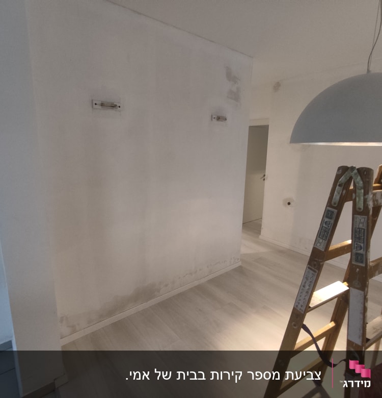 סולם עץ ליד קיר צבוע חלקית